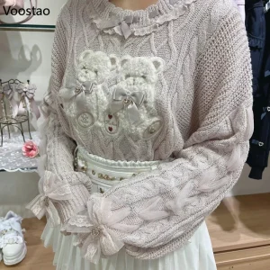 Pullover lavorato a maglia stile Sweet Lolita vintage per ragazze simpatico orso di peluche cartone animato ricamo fiocco maglione donna maglieria Harajuku top 1