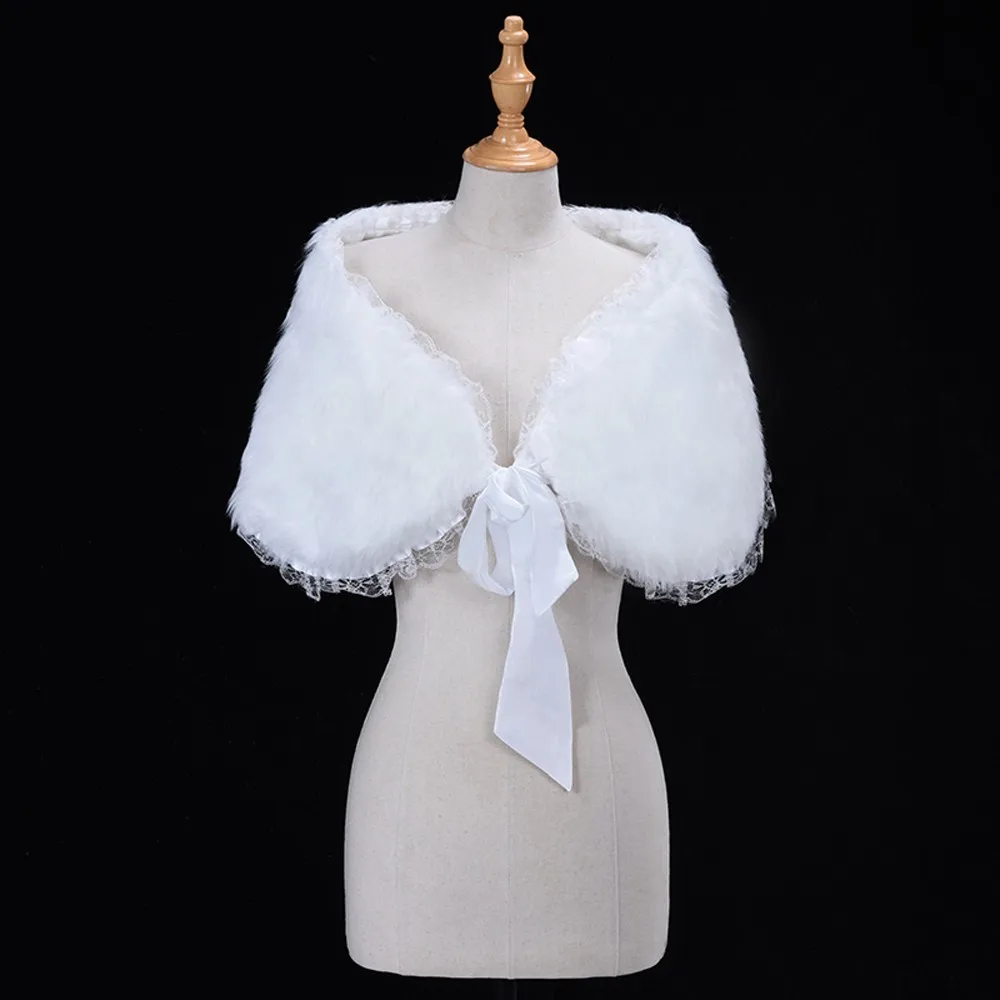 Bianco avorio da donna involucro da sposa bolero pelliccia sintetica pizzo cristallo autunno inverno abito scialle giacca mantello stola mantello accessori da sposa 3