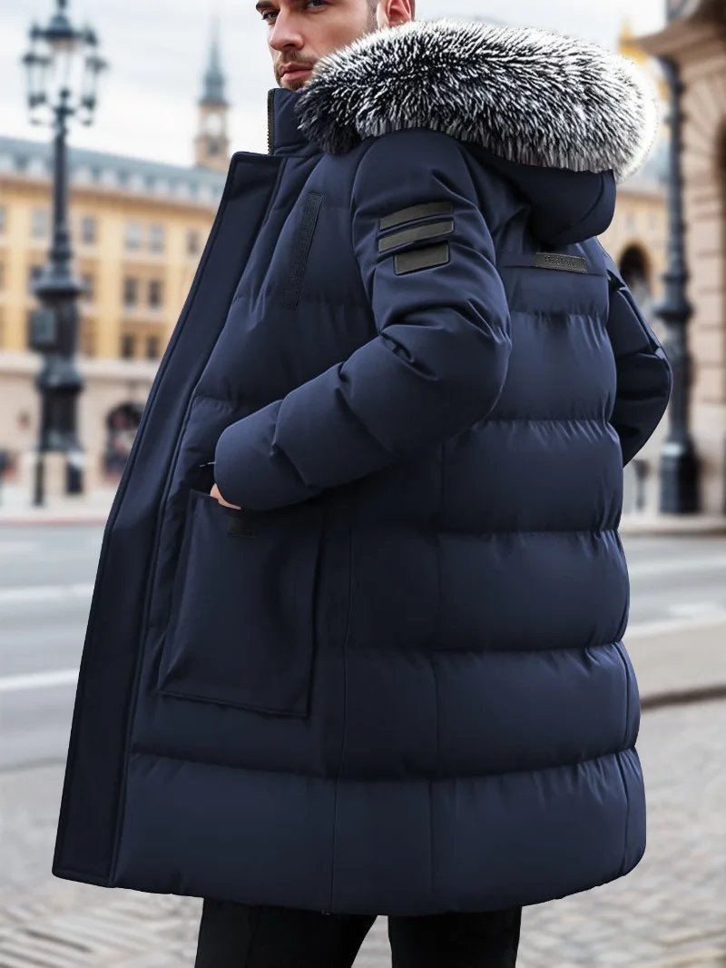 Giacca invernale da uomo in finto antivento Cappotto casual in poliestere con cappuccio staccabile Cerniera frontale Maniche lunghe e tasche Abiti invernali 4
