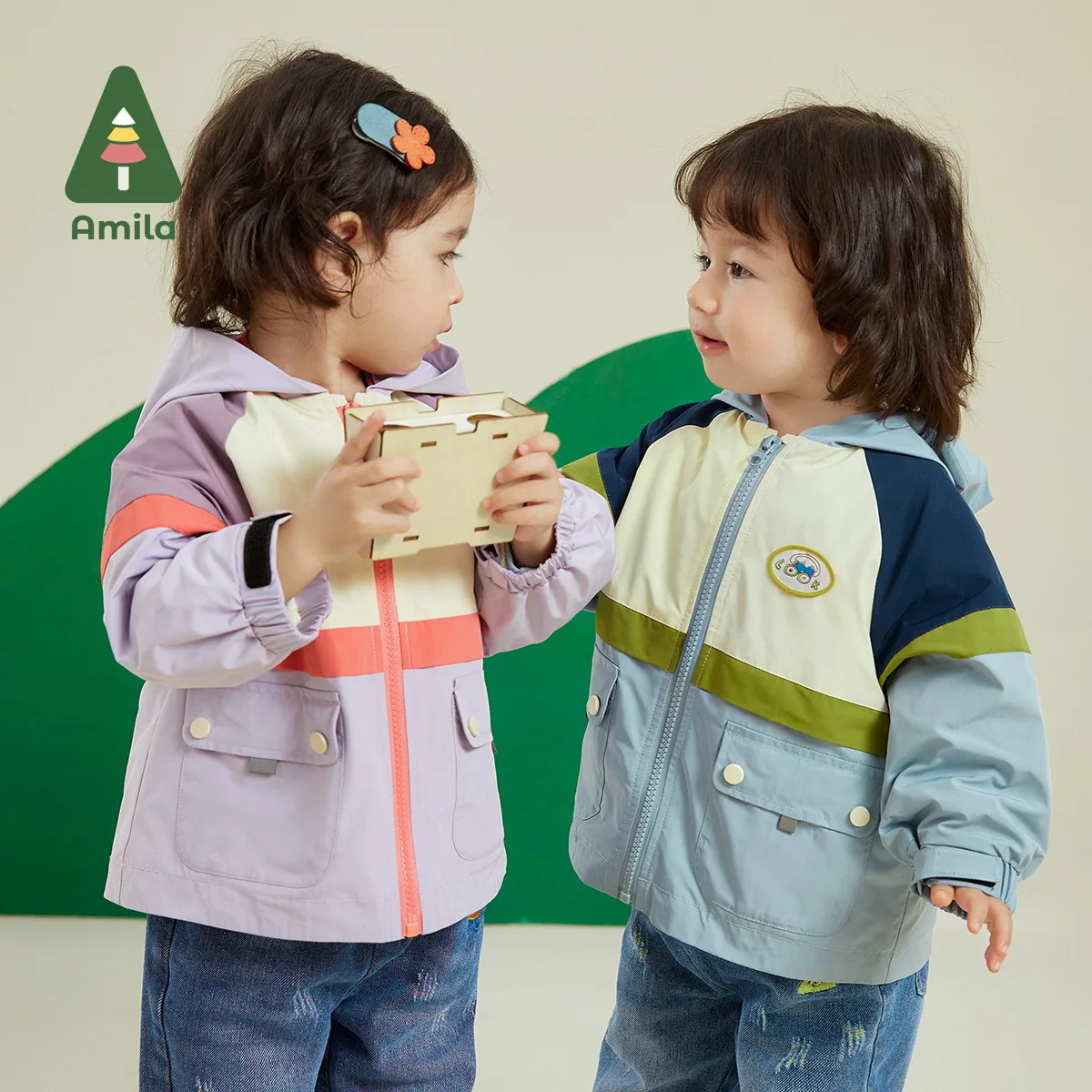 Amila Baby Jacket 2023 autunno New Contrast Color Design cuciture polsini regolabili moda Warm Girls Boys Cute Children Clothes 3