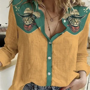 Camicia da donna in misto lino con stampa artistica Cowcat occidentale Top vintage retrò giallo Top casual allentato a maniche lunghe autunno inverno americano 1