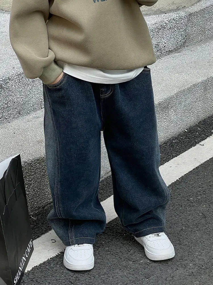 2-12Y Bambini Ragazzi Pantaloni in denim di un pezzo in pile addensato Autunno Inverno Casual Bambini Neonati maschi Pantaloni Bambino Ragazzi Jeans caldi 2