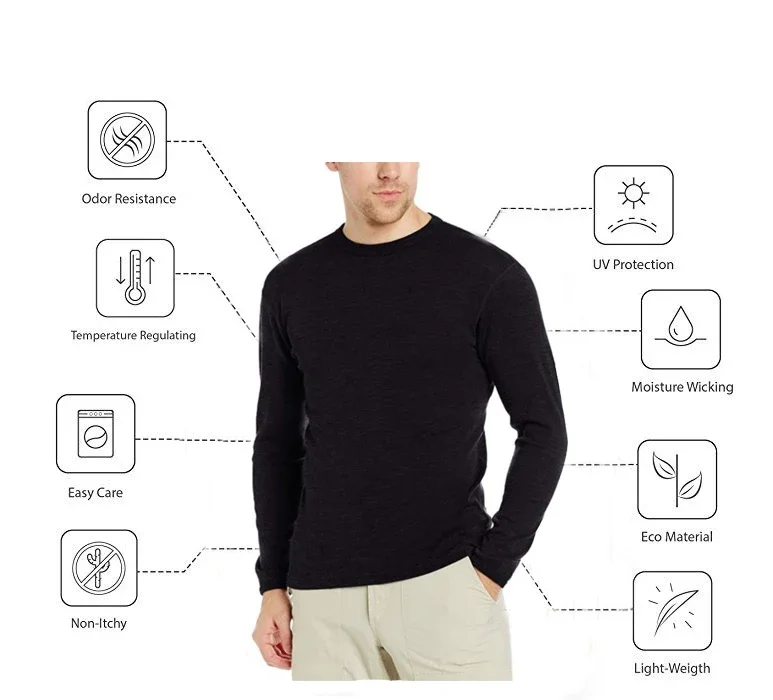 Camicie da uomo in lana merino al 100% T-shirt a maniche lunghe Strato base termico Camicia in lana merino 200 g/mq Traspirante Anti-odore 6