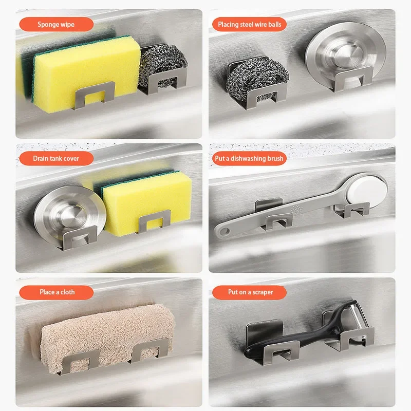 Vassoio per lavello in acciaio inossidabile Scolapiatti per lavello da cucina Porta spugna Portaoggetti per gancio autoadesivo Organizzatore per stracci in filo da cucina 5
