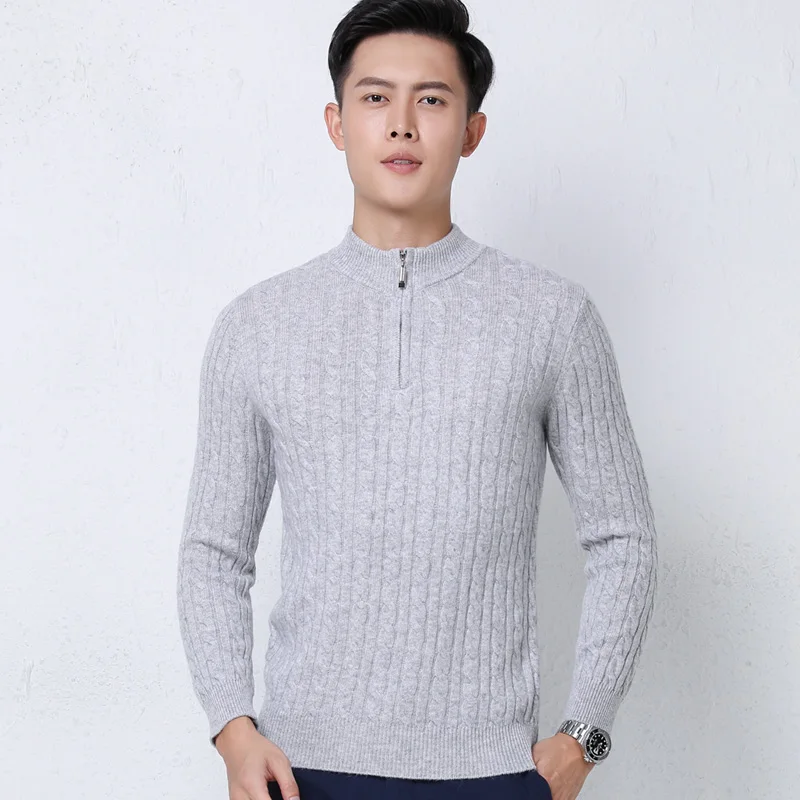 Autunno inverno 100% lana Pullover sottile da uomo con cerniera collo mezzo alto maglione lavorato a maglia in Cashmere spesso Business Casual Top di grandi dimensioni 5