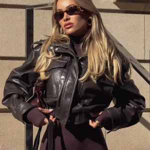 HH Donna Nuovo Autunno Sreet Vintage Ecopelle Giacca corta Maniche lunghe Solido con tasche Dolcevita Cerniera Cappotti invernali 1