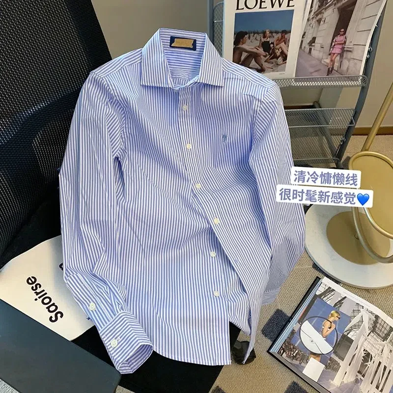 Camicia a bottone con collo a Polo a righe top manica lunga allentata camicetta High Street All-match moda Casual primavera nuovo abbigliamento donna 2