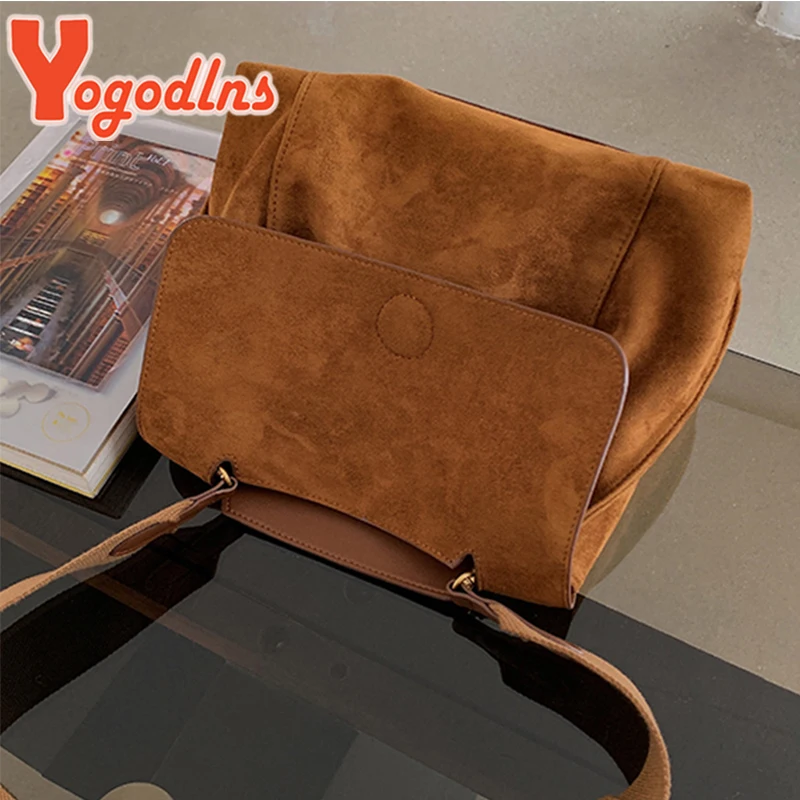 Yogodlns Borsa a tracolla in pile autunno inverno Borsa a tracolla in pelle smerigliata femminile Borsa a tracolla retrò Borsa a tracolla di grande capacità 5