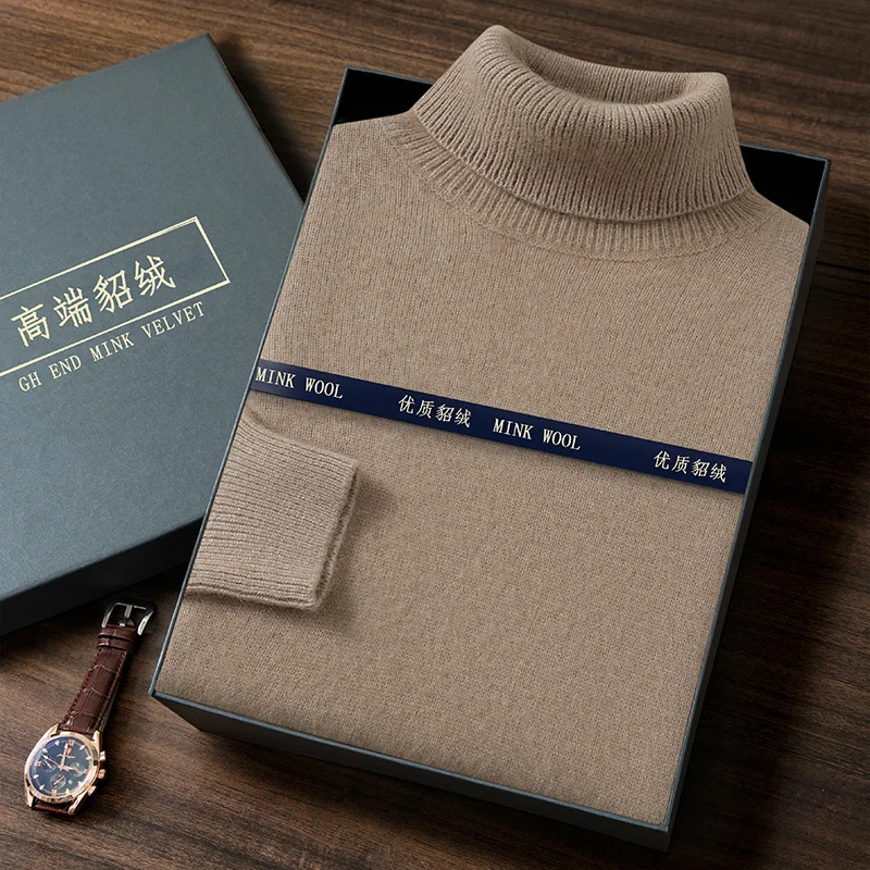 Maglione da uomo in maglia spessa 100% visone e cashmere, pullover caldo con colletto rovesciato, dolcevita invernale casual a maniche lunghe da uomo 2