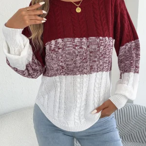 Maglione da donna casual a righe a blocchi di colore girocollo lanterna manica lunga twist top in maglia per abiti da donna autunno inverno 2025 1