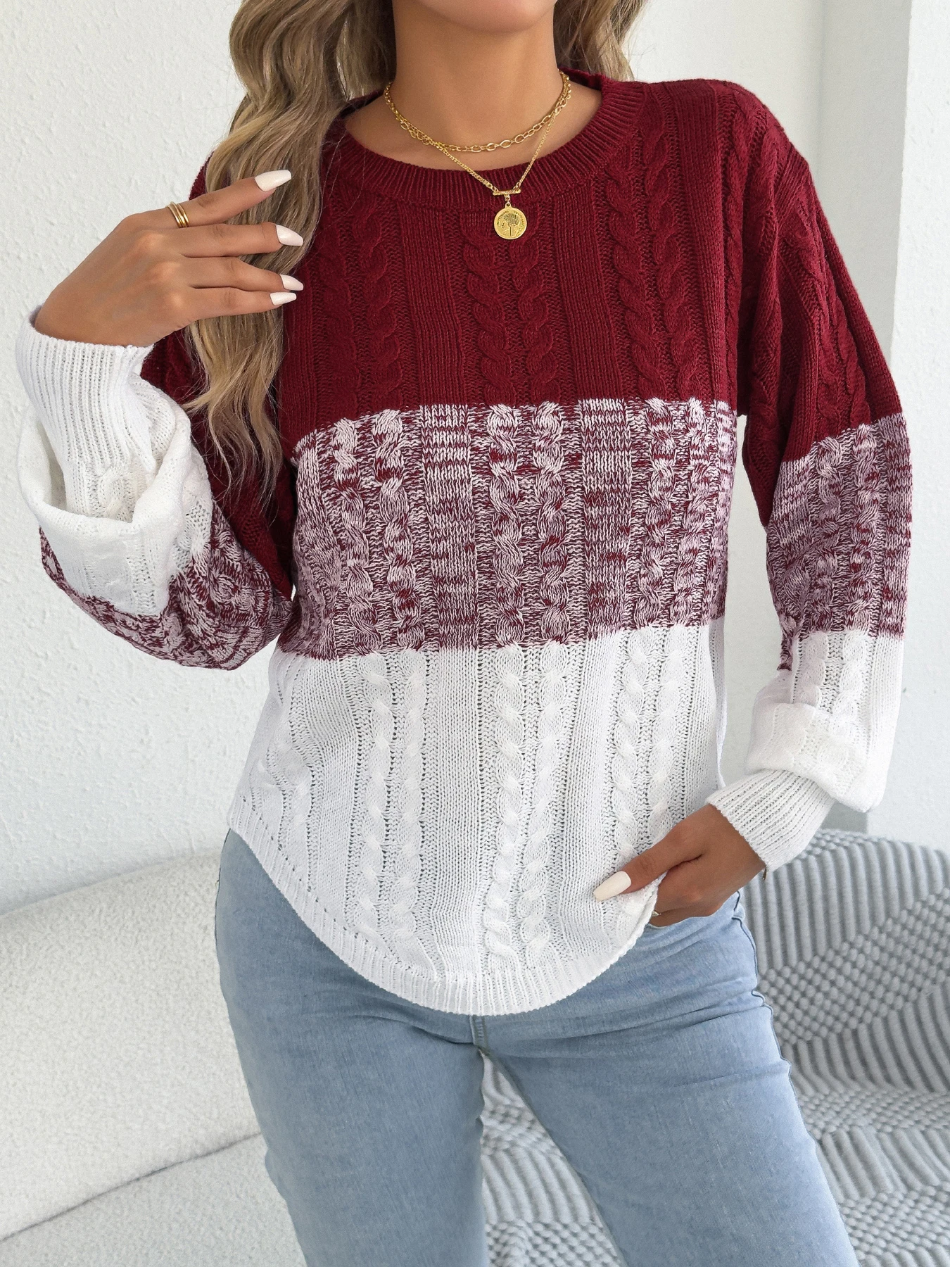 Maglione da donna casual a righe a blocchi di colore girocollo lanterna manica lunga twist top in maglia per abiti da donna autunno inverno 2025 1