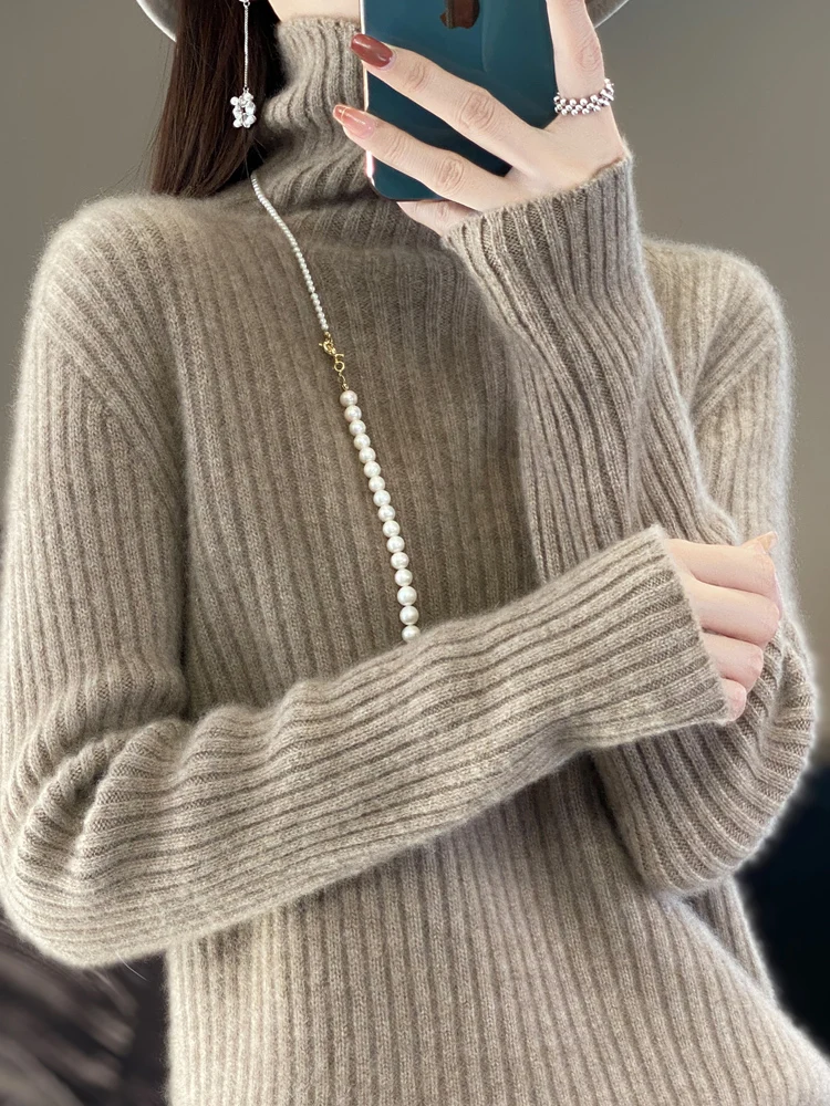 Autunno Inverno Donna 100% lana merino maglione dolcevita a righe pullover lavorato a maglia casual manica lunga spessa cashmere abbigliamento top 6