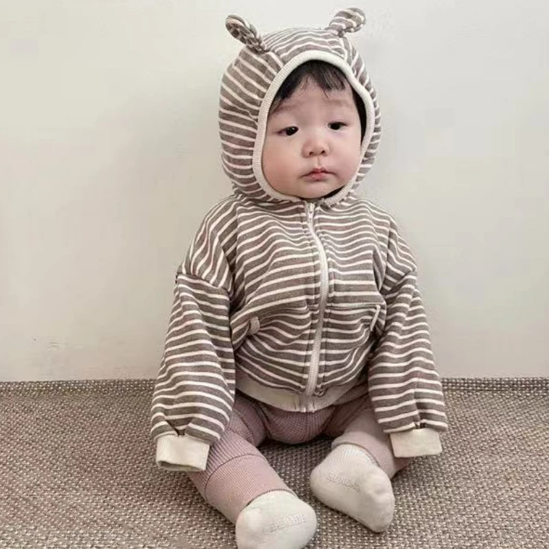 Camicia con cerniera per neonato primaverile e autunnale Giacca con orecchie da orso con cappuccio a righe Cardigan con cappuccio per ragazzi e ragazze 4