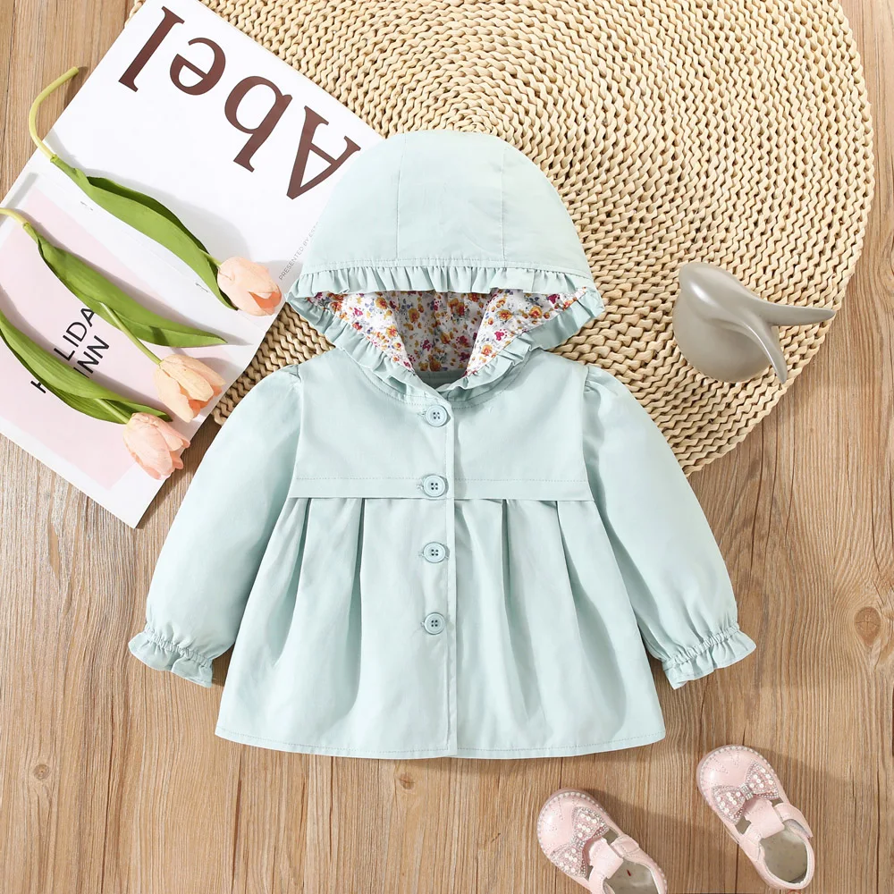 Cappotto primaverile e autunnale per bambina solido con cappuccio bella giacca per bambini antivento sciolto e carino abbigliamento a maniche lunghe 4