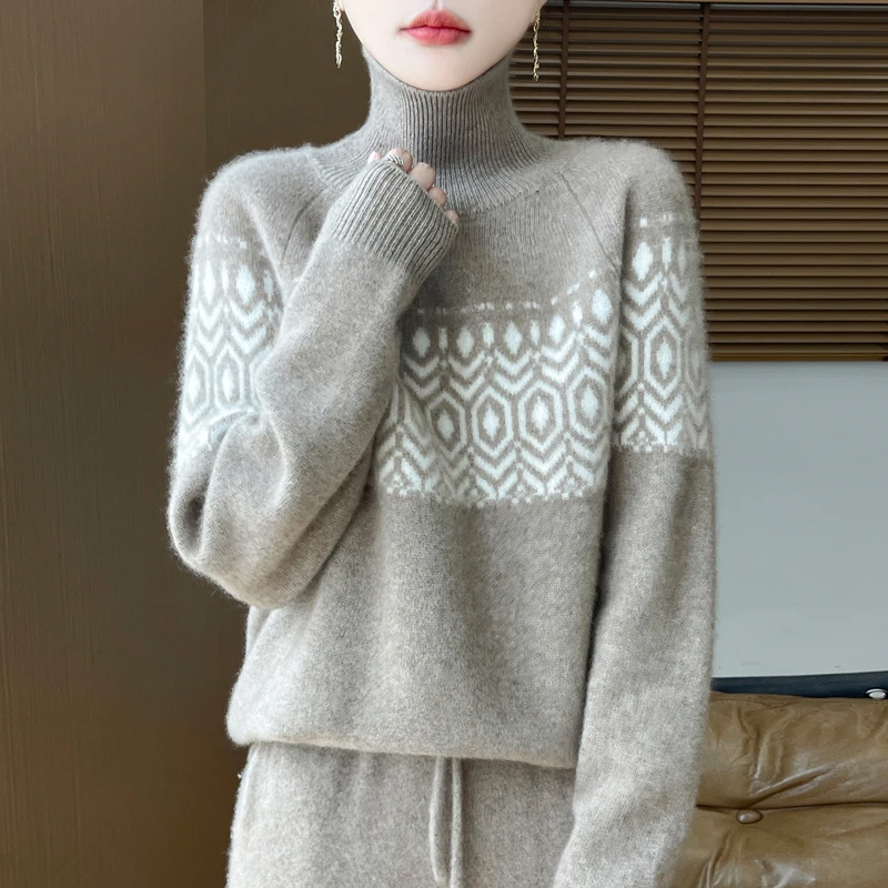 Nuovo maglione da donna autunno/inverno 100% lana merino maglione casual allentato collo alto pullover moda coreano jacquard top da donna 3