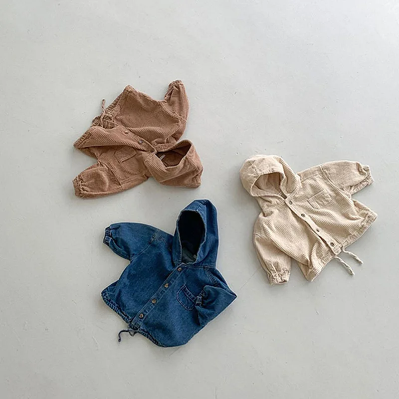 Giacca per bambini primaverile, cardigan nuovo stile per ragazzi, giacca di jeans con cappuccio alla moda, giacca casual in velluto a coste tinta unita per ragazze 5