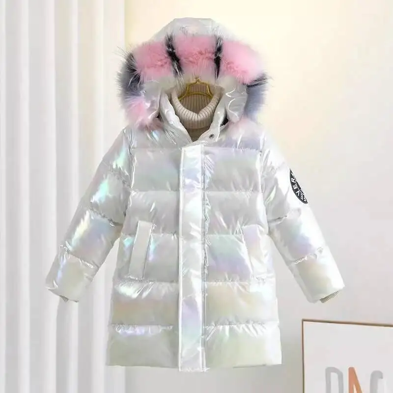 Inverno Ragazze Lucido Con Cappuccio Piumino Collo di Pelliccia Cappotto Antivento Adolescente Tuta Sportiva Per Bambini Parka Snowsuit Abbigliamento Nuovo 5-14 Anni 6