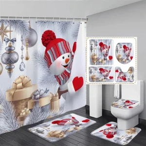Divertente pupazzo di neve set di tende da doccia palla di Natale rami di pino d'argento regalo di Natale casa arredamento del bagno tappeto tappetino da bagno coperchio del WC 1