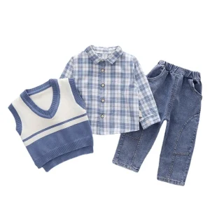 Nuova Primavera Autunno Vestiti Del Bambino Vestito Dei Bambini Dei Ragazzi di Modo Camicia A Quadri Della Maglia Pantaloni 3 Pz/set Bambino Casual Costume Per Bambini Tute 1