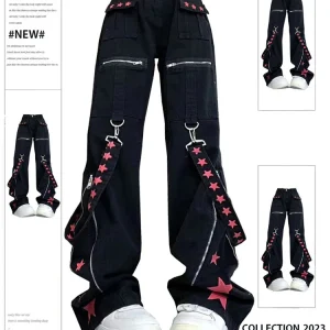 Donna Nero Gotico Baggy Cargo Jeans Harajuku Vintage Y2k Pantaloni in denim Pantaloni da cowboy Anni '90 Estetica Trashy Emo 2000s Vestiti Nuovo 1