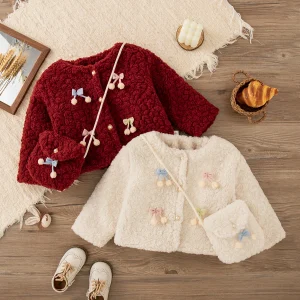 Cappotto invernale in pile per neonata, borsa regalo con fiocco carino, tinta unita, abbigliamento quotidiano caldo per bambini all'aperto (9 mesi a 4 anni) 1