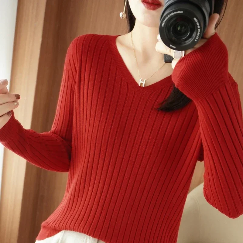 Maglione da donna Autunno Inverno Scollo a V Pullover caldi a righe Coreano Manica lunga Top basic Camicia slim fit con fondo Maglioni strecth 3