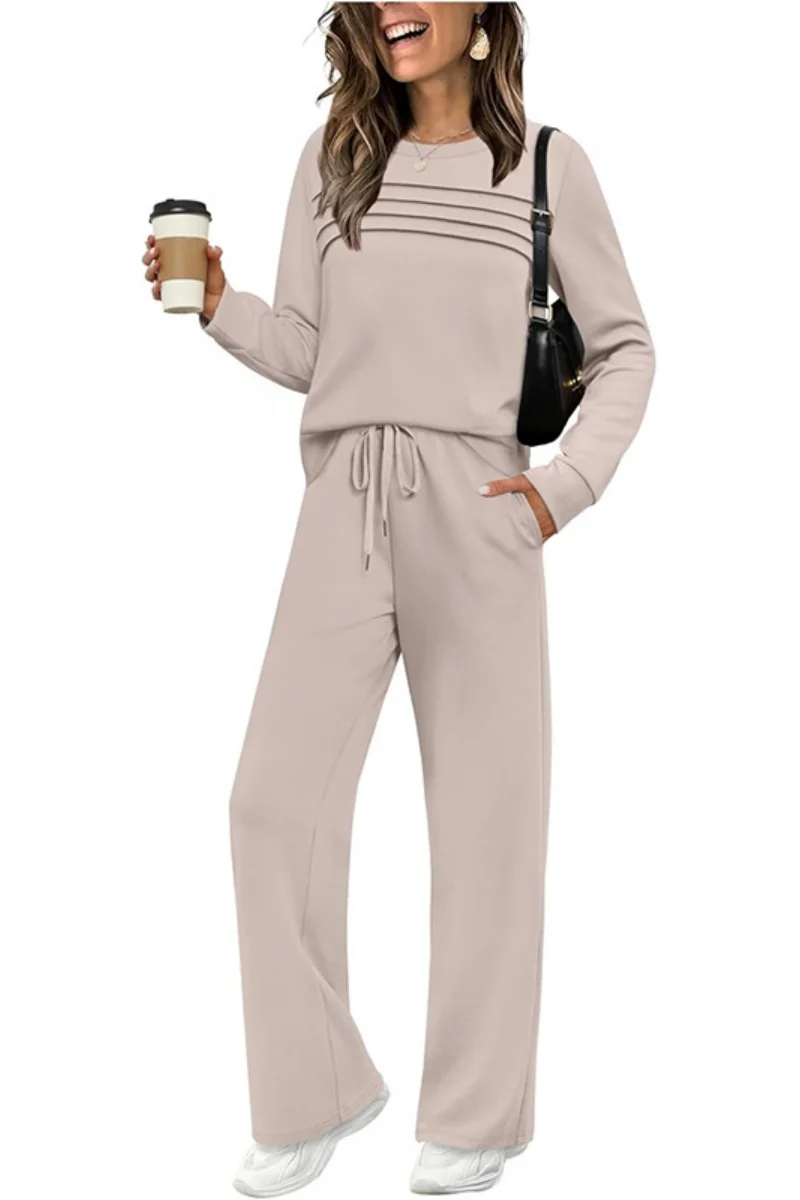 2025 Nuovo Autunno Europeo e Americano Transfrontaliero Vestito da Donna Manica Lunga Girocollo Top Casual Elastico in Vita Larga Leganti 6