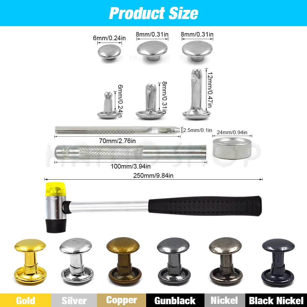 Rivetti a doppio cappuccio in metallo Chiodo a punta tonda con kit di attrezzi per scarpe Borsa Cintura Artigianato in pelle Riparazione Abbigliamento Accessori per indumenti 2