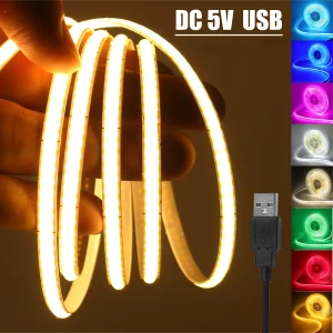 DC5V USB COB Striscia Larghezza 3MM 5MM 8MM Bianco/Rosa/Rosso/Giallo/Blu ghiaccio/Verde TV Retroilluminazione Decorazioni per la casa Nastro flessibile Corda LED Luce 1