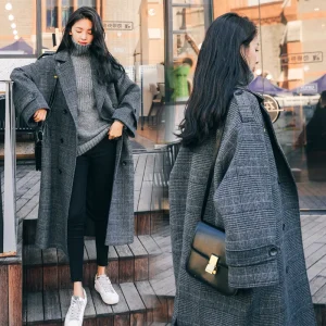 Cappotto di lana scozzese taglie forti da donna di media lunghezza sciolto stile coreano inverno nuova giacca di tweed chic al ginocchio per studenti comoda... 1