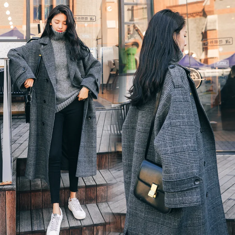 Cappotto di lana scozzese taglie forti da donna di media lunghezza sciolto stile coreano inverno nuova giacca di tweed chic al ginocchio per studenti comoda... 1