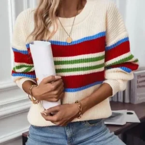 2025 Autunno Donna Pullover Maglione Inverno Coreano Allentato a maniche lunghe Top in maglia O Collo a righe Casual Maglieria elegante 1