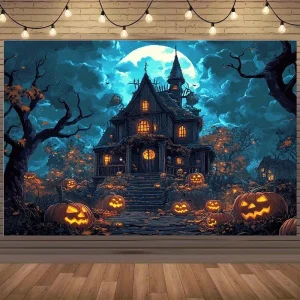 Panno per sfondo di Halloween Ghost House - Banner decorativo per feste non elettrico con lanterna di zucca Manor, luna piena e pipistrelli 1