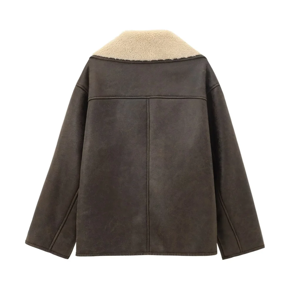 Cappotto caldo monopetto con decorazioni tascabili Cappotto da giacca da donna a maniche lunghe con colletto in pile autunno/inverno 5