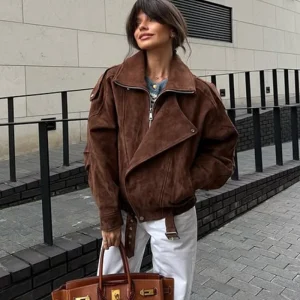 Giacca oversize da donna in finta pelle scamosciata Manica lunga Cappotto con cerniera bavero Capispalla marrone vintage 2025 New Lady Fashion Streetwear Clothes 1