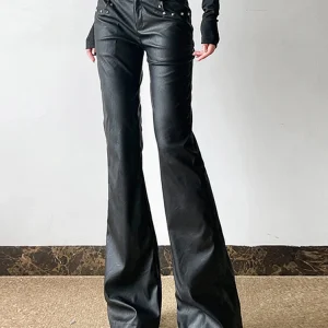 2025 Autunno Inverno Pantaloni PU da donna Vita bassa Goblin Core Pantaloni in ecopelle Fondo a campana Gotico giapponese Y2k Stretch 2000s Nuovo 1