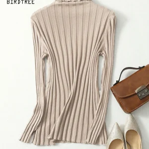 Birdtree 70% seta 15% cashmere maglione elegante, dolcevita da donna a costine pullover slim solido, top in maglia autunno inverno 2025 T36060QC 1
