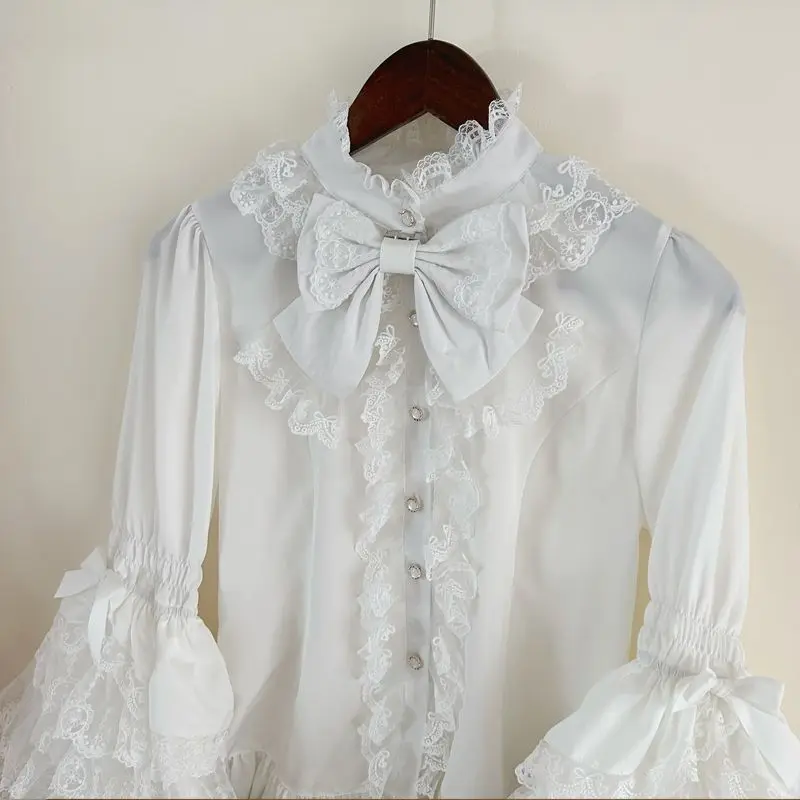 Camicia Lolita gotica e dolce - Camicetta arricciata a maniche lunghe per abiti JSK, top in pizzo per bambole Kawaii con maniche a sbuffo in rosa/bianco 5
