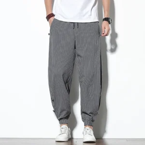 pantaloni uomo abbigliamento uomo vestiti di marca Pantaloni Harem a righe con fibbia a disco da uomo quattro stagioni pantaloni a matita in lino di cotone traspirante fibbia pantaloni Casual Bloomers moda 1