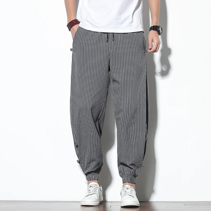 pantaloni uomo abbigliamento uomo vestiti di marca Pantaloni Harem a righe con fibbia a disco da uomo quattro stagioni pantaloni a matita in lino di cotone traspirante fibbia pantaloni Casual Bloomers moda 1