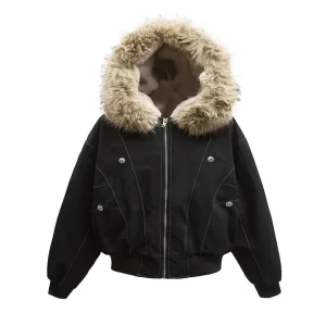 Cappotto invernale da uomo hip-hop Nuovo cappotto Parka da donna caldo e spesso casual Streetwear Cappotto corto da coppia con colletto in visone finto con cappuccio allentato 1