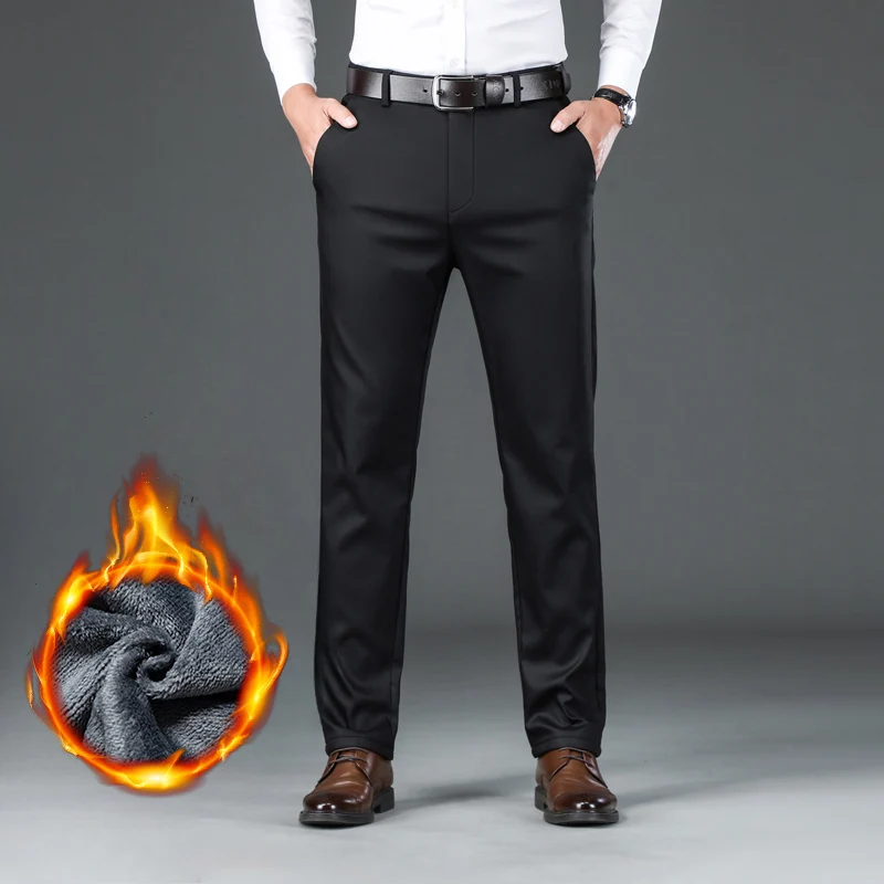Pantaloni casual da uomo in flanella spessa blu navy inverno nuovo pile business elasticizzato pantaloni caldi in peluche pantaloni maschili dritti slim di marca 5