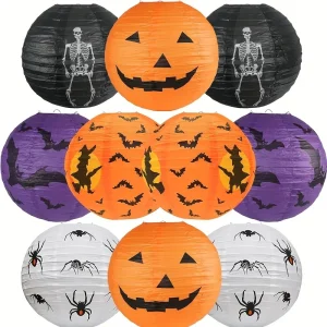 Set da 10 pezzi di lanterne di carta di Halloween, lanterne decorative di zucca fantasma pipistrello e decorazione da appendere fantasma di strega adatta per feste interne/esterne, attività di dolcetto o scherzetto, casa stregata senza zucchero 1