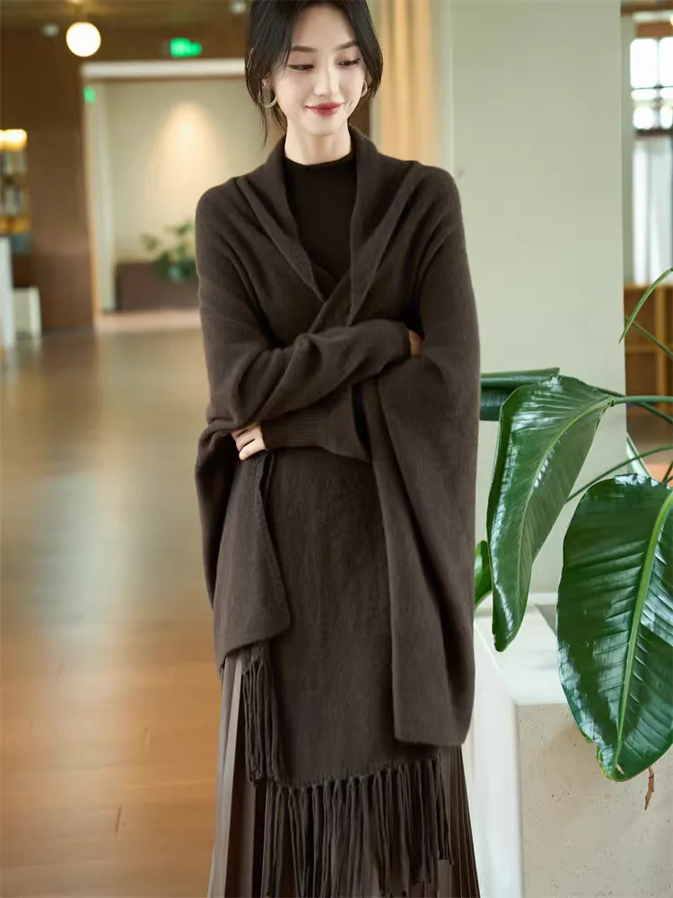 Scialle con nappa da donna alla moda Sciarpa in maglia di pura lana al 100% Stile coreano 2025 Autunno Inverno Cachemire di fascia alta Accessorio caldo ed elegante 5