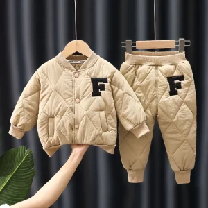 1 2 3 4 5 anni Inverno Ragazzi Set di abbigliamento Alfabeto Moda Cappotto caldo e pantaloni 2 pezzi Ragazzi Abiti Regali di compleanno Nuovi vestiti per bambini 1