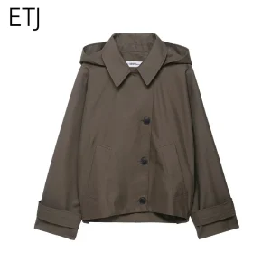 ETJ 2025 inverno nuove donne indossare taglio tridimensionale moda versione allentata con cappuccio trench corto giacca casual 1