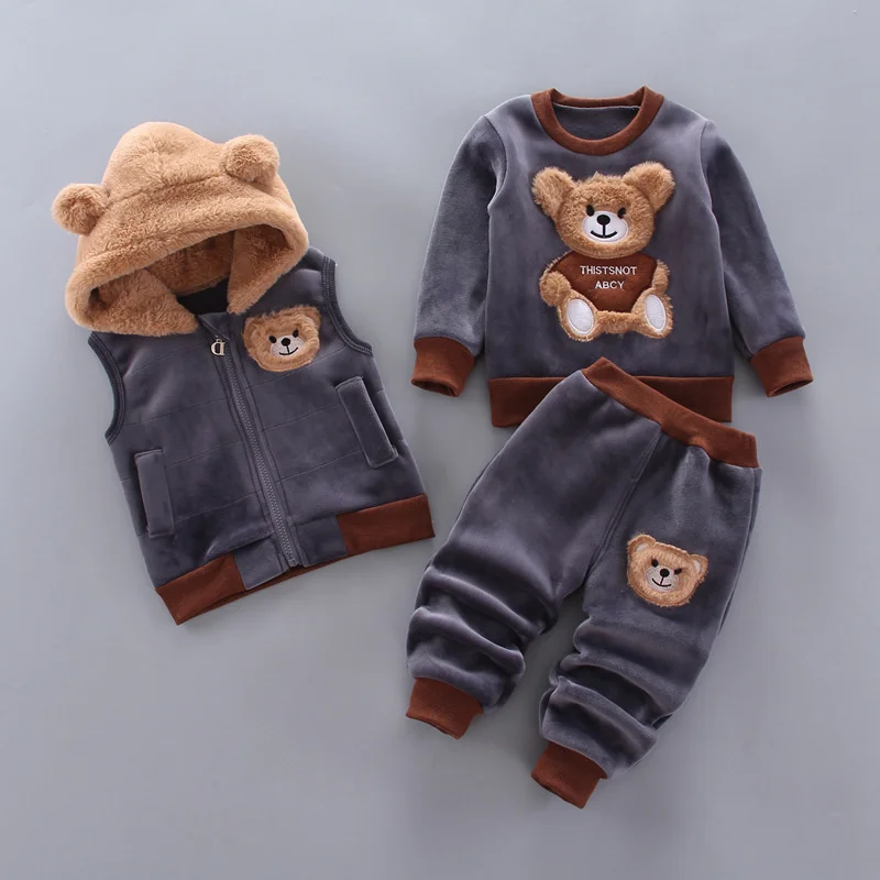 Nuovi set di abbigliamento in pile per bambini invernali autunno ragazzi ragazze cotone spesso caldo maglione con cappuccio pantaloni orso cartone animato 3 pezzi vestito per bambini 0-4Y 4