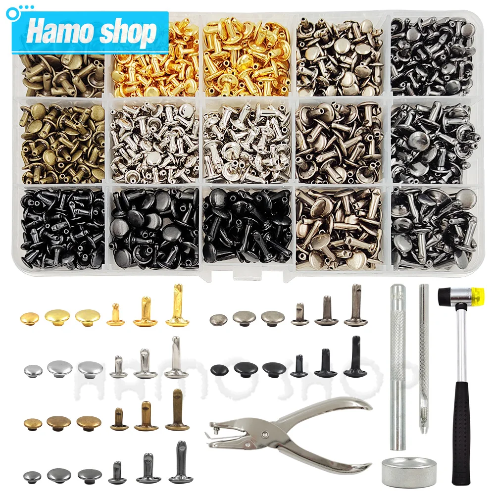 Rivetti a doppio cappuccio in metallo Chiodo a punta tonda con kit di attrezzi per scarpe Borsa Cintura Artigianato in pelle Riparazione Abbigliamento Accessori per indumenti 1