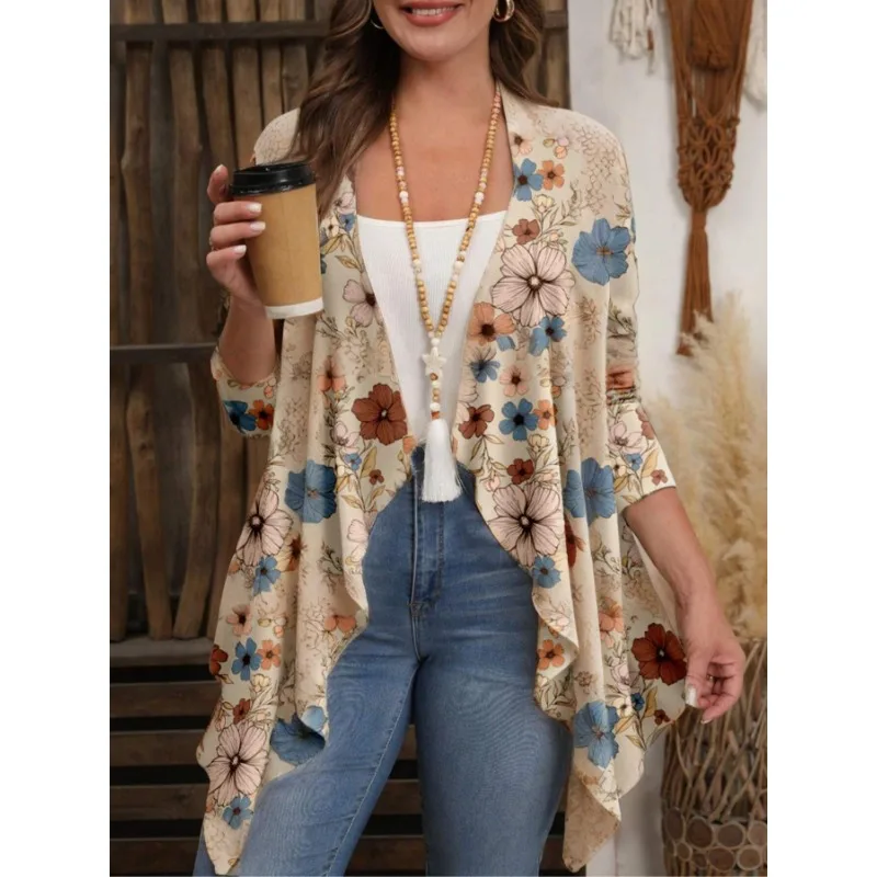 Giacca cardigan autunnale casual da donna a maniche lunghe con stampa floreale alla moda taglie forti 1XL-5XL 2