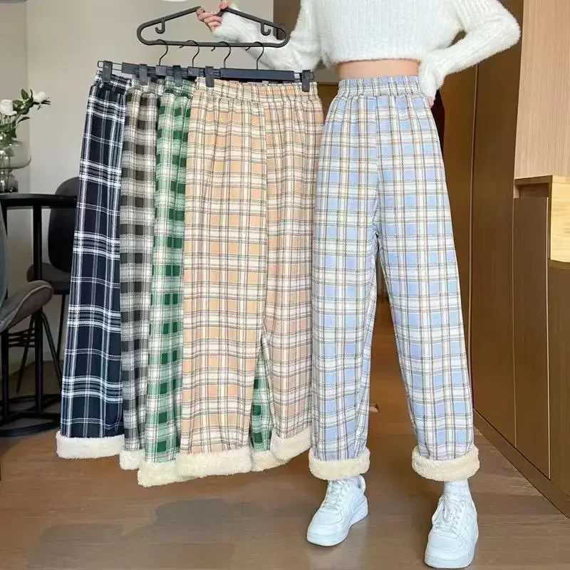 Pantaloni a gamba larga foderati in pile a vita alta da donna Autunno Inverno Comodi pantaloni casual da indossare per la casa in stile coreano 2